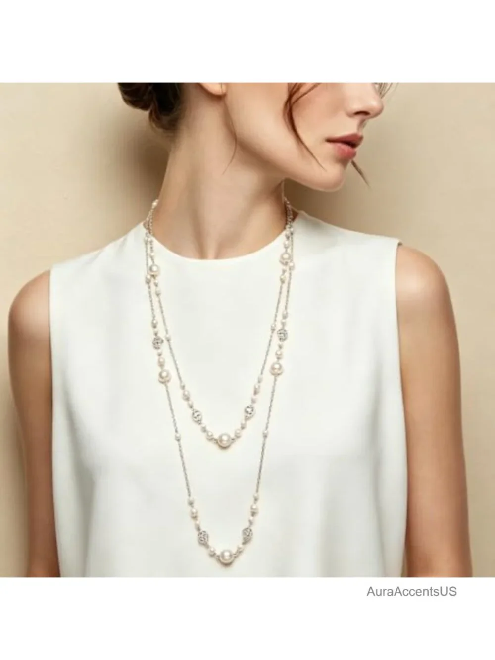 Layered Pearl Necklace Silver Chain Detachable Women Statement Jewelry